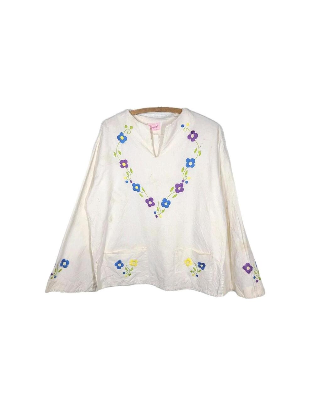 Vtg 70s Peasant Shirt Floral Embroidery L XL Natural Cotton Boho Bell Sleeve